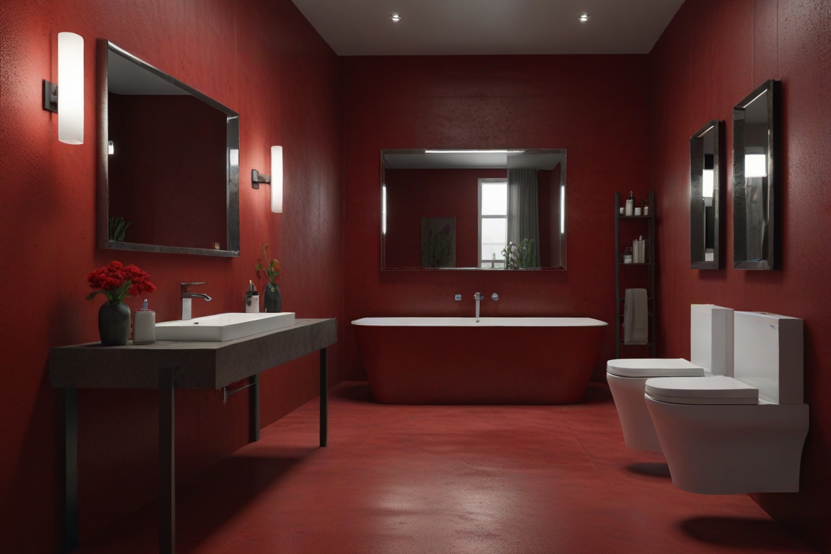 salle de bain rouge en béton ciré