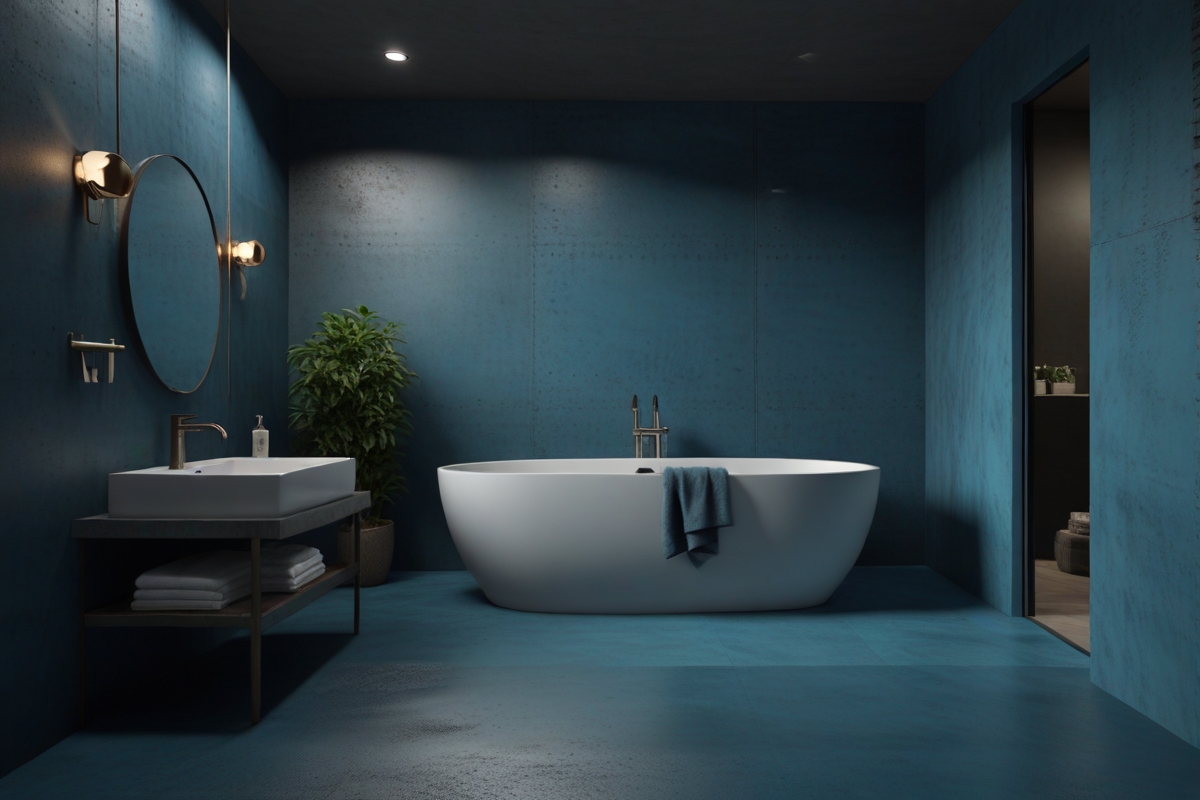 salle de bain en béton ciré bleue